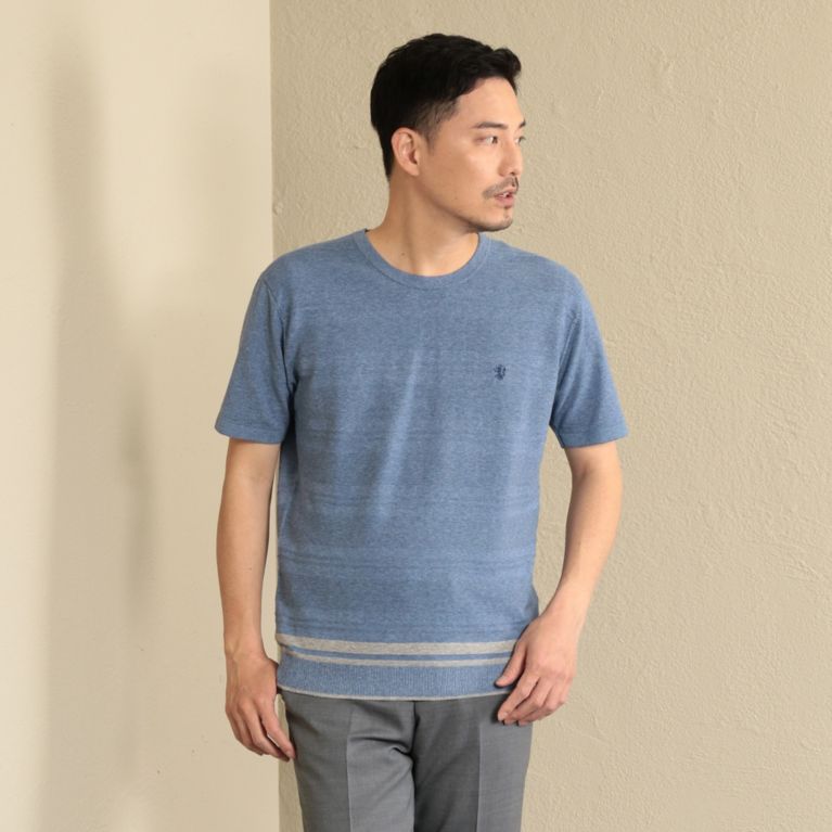 【THE SCOTCH HOUSE】 【洗濯可】ボーダーニットTシャツ. ブルー
