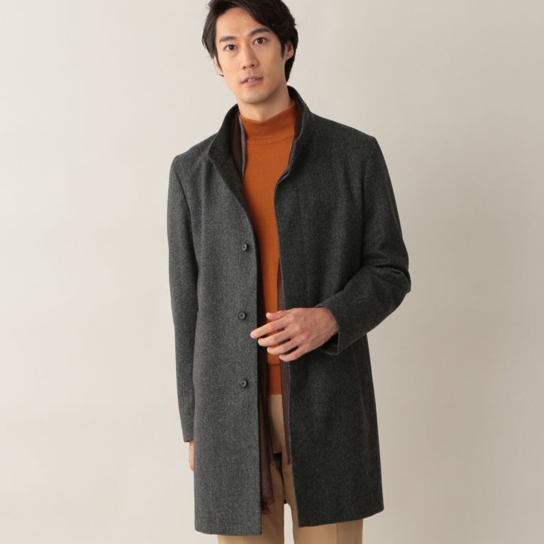 【Paul Stuart MEN】 ウールカシミヤウーステッドミックスヘリンボンスタンドカラーコート. グレー系