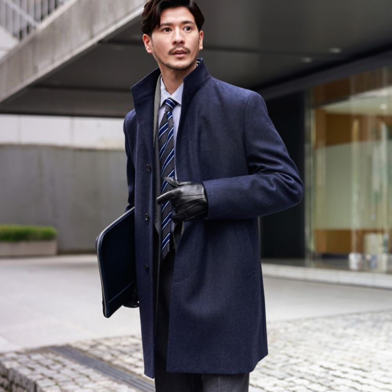【Paul Stuart MEN】 ウールカシミヤウーステッドミックスヘリンボンスタンドカラーコート ブルー系