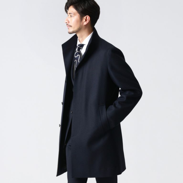 【Paul Stuart MEN】 ウールカシミヤウーステッドミックスヘリンボンスタンドカラーコート ネイビー