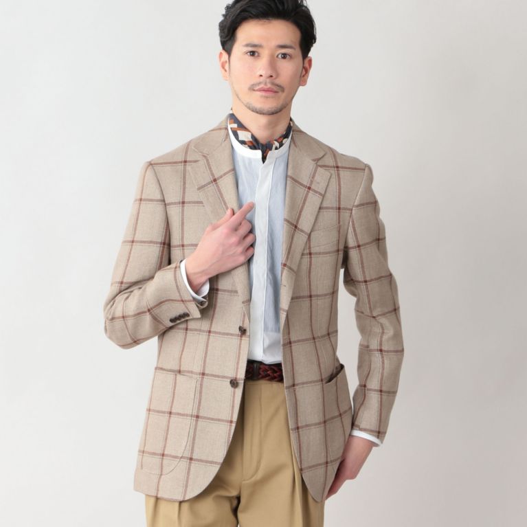 【Paul Stuart MEN】 ウィンドウペンリネンジャケット. ベージュ系
