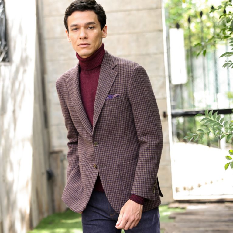 【Paul Stuart MEN】 シェパードチェックドーセットホーンウールジャケット ブラウン系