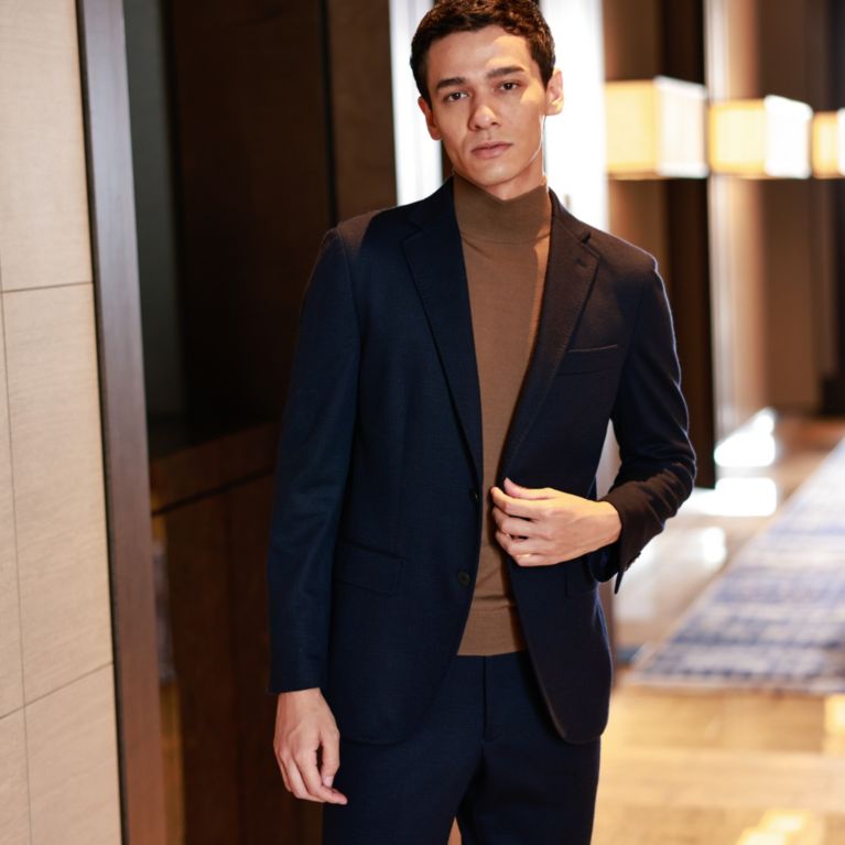 【Paul Stuart MEN】 「STUART'S TRAVELER」グレンプレイドウールジャージジャケット(セットアップ対応) ネイビー