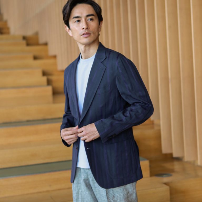 【Paul Stuart MEN】 シャドウストライプスラブポプリンメッシュイージージャケット. ネイビー