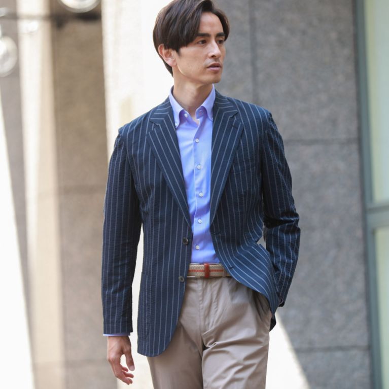 【Paul Stuart MEN】 ストレッチシアサッカーイージージャケット. ネイビー(ストライプ)