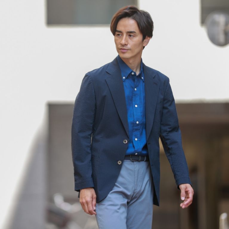 【Paul Stuart MEN】 ストレッチシアサッカーイージージャケット. ネイビー