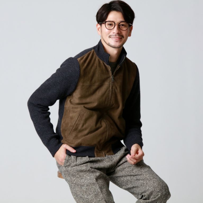 【Paul Stuart MEN】 ニット×スエードレザージップブルゾン グレー系