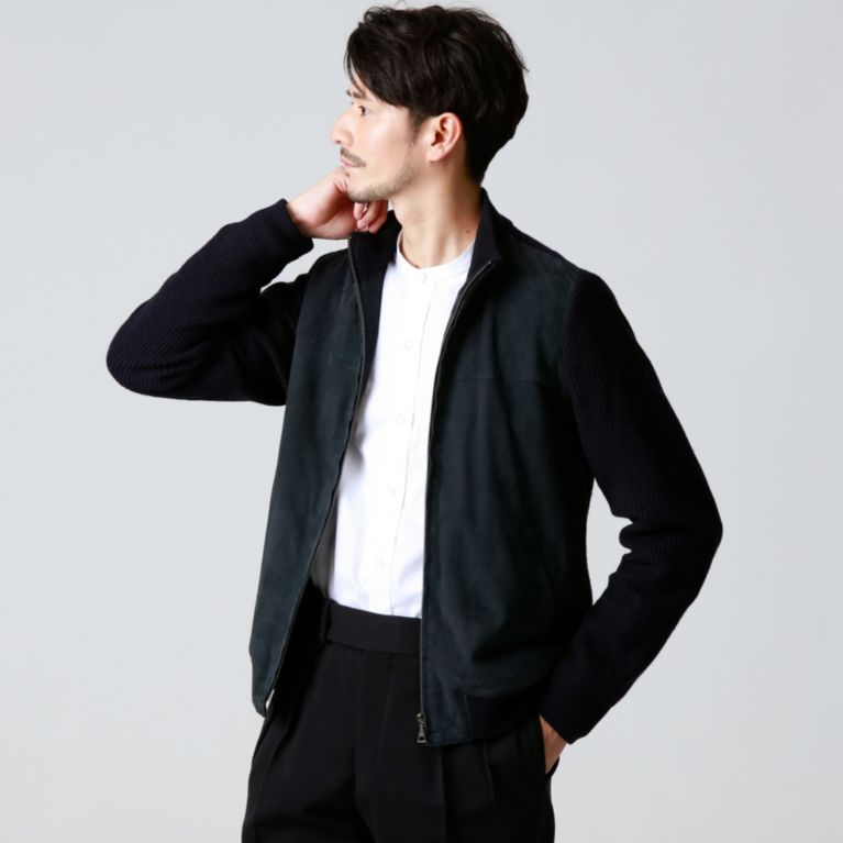 【Paul Stuart MEN】 ニット×スエードレザージップブルゾン ネイビー