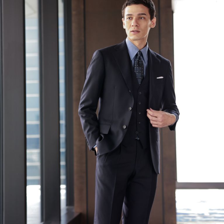 【Paul Stuart MEN】 【NEW MODEL/BAKER MODEL】ネイビーシャドウチェックウール3Pスーツ/セットアップ (セミフォーマル対応). ネイビー