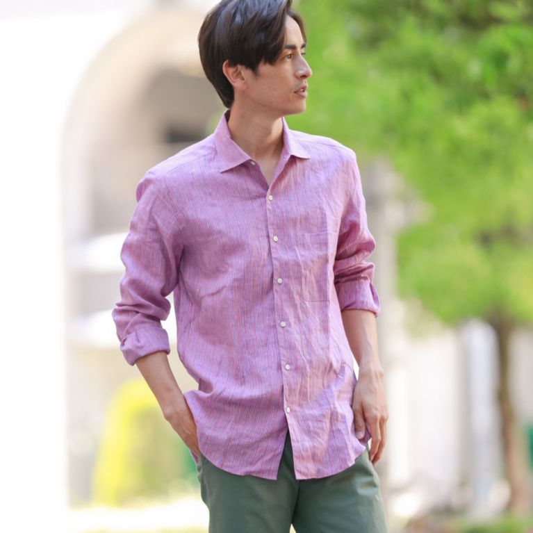 【Paul Stuart MEN】 ストライプ/チェックイタリアンカラーシャツ(カジュアルシャツ). レッド系