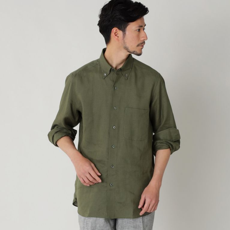 【Paul Stuart MEN】 ハイカウントフレンチリネンボタンダウンシャツ(カジュアルシャツ). グリーン系