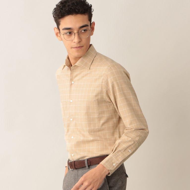 【Paul Stuart MEN】 フランネルイタリアンカラーシャツ. キャメルベージュ