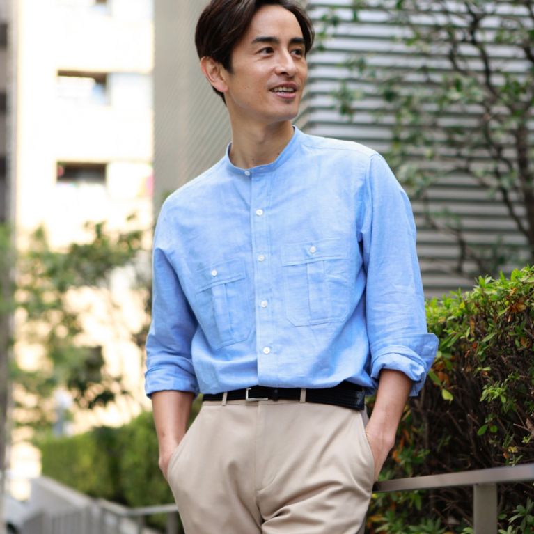 【Paul Stuart MEN】 コットンリネンバンドカラーサファリシャツ. ブルー系