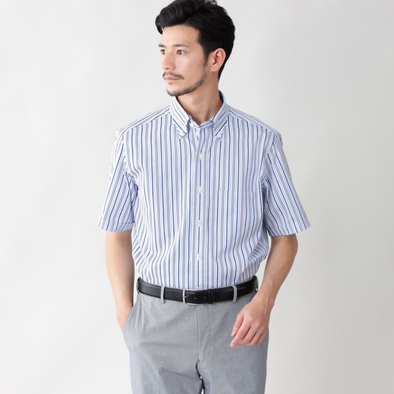 【Paul Stuart MEN】 マルチストライプドビーサテンボタンダウンシャツ(クールビズ/ビジネスカジュアル対応). ネイビー