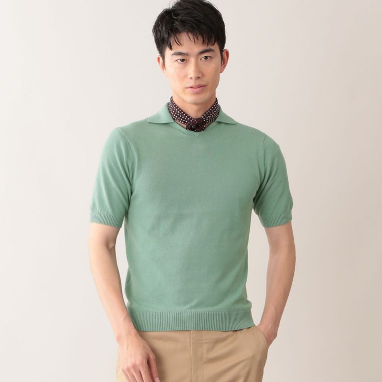 【Paul Stuart MEN】 スキッパーハーフスリーブ半袖ニット. グリーン系