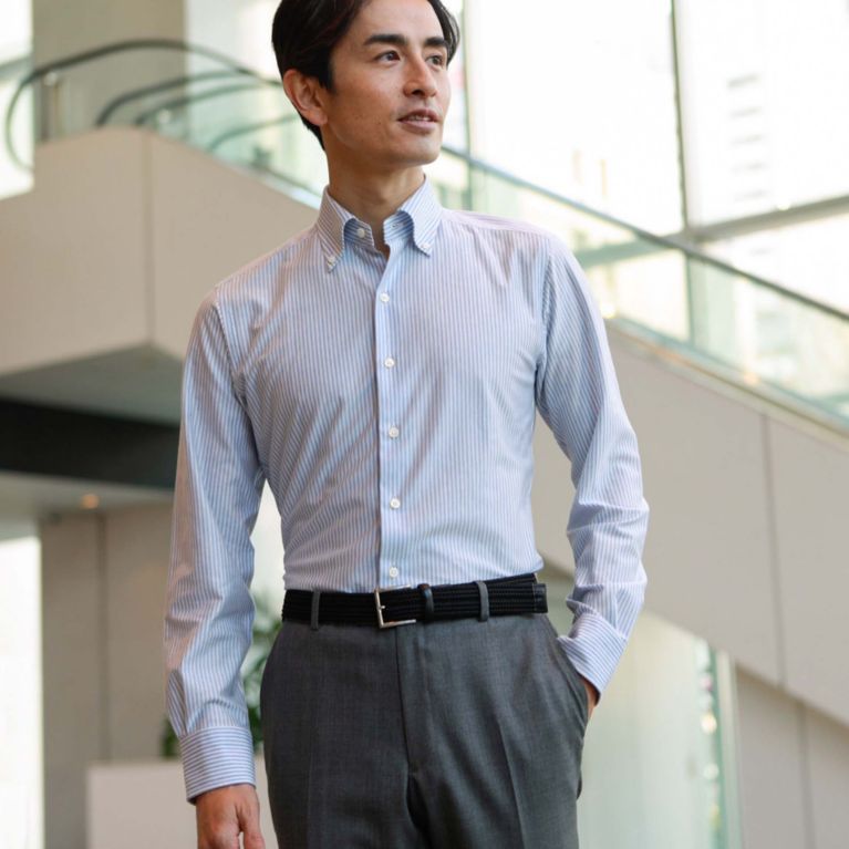 【Paul Stuart MEN】 ロンドンストライプジャージボタンダウンシャツ(カジュアルシャツ). ブルー系