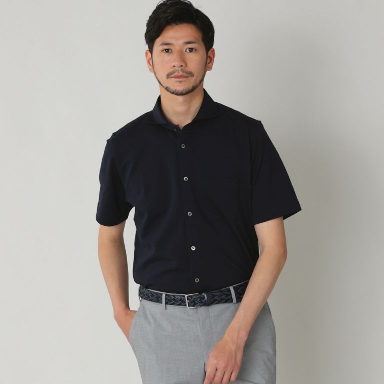 【Paul Stuart MEN】 ホリゾンタルカラーコットンニットサッカーシャツ/サマーシャツ(クールビズ/ビジネスカジュアル対応). ネイビー