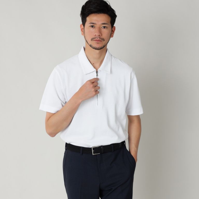 【Paul Stuart MEN】 コットンカノコハーフジップポロシャツ（ZIPポロ）. ホワイト