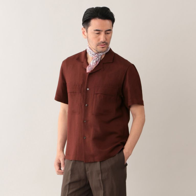 【Paul Stuart MEN】 オープンカラーショートスリーブシャツ. ボルドー