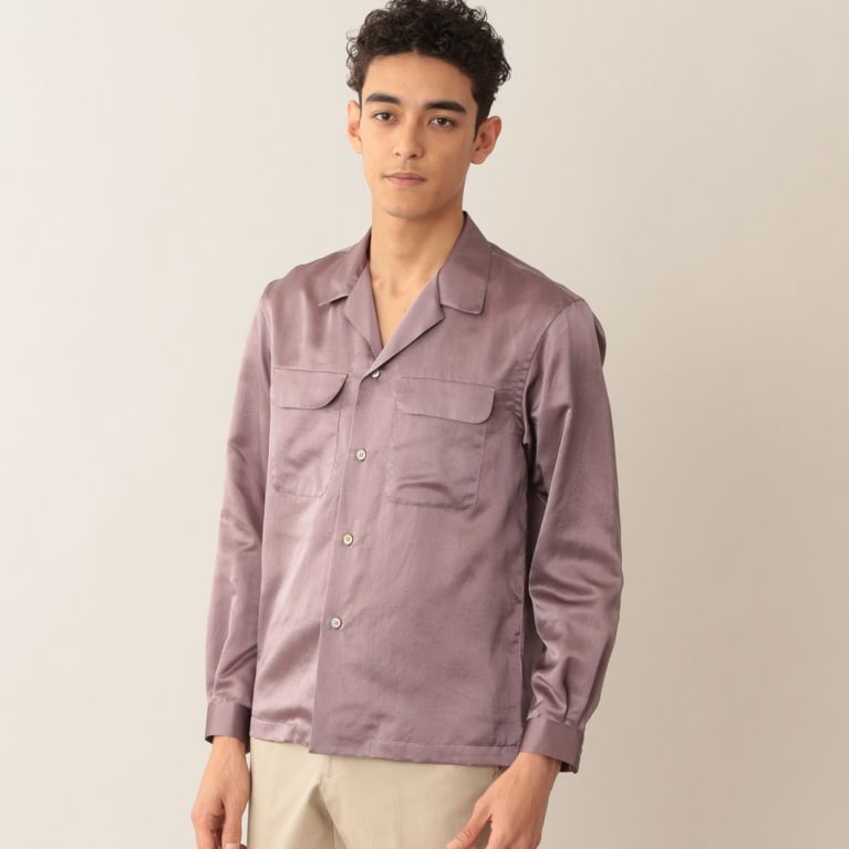 【Paul Stuart MEN】 「数量限定」シルクコットンサテン ダブルポケット オープンカラーシャツ. パープル系