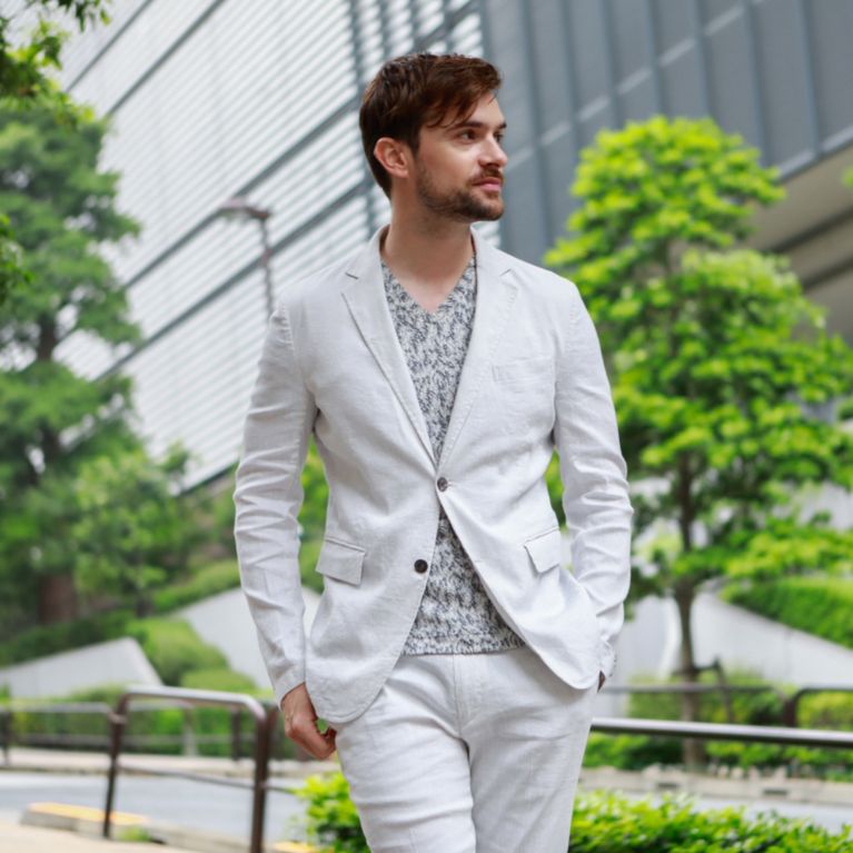 【EPOCA UOMO】 【PRIMA COLLECTION】【セットアップ】【ウォッシャブル】ストライプリネンジャケット オフホワイト1