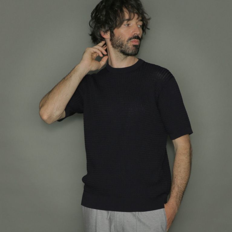 【MACKINTOSH LONDON MEN】 12ゲージミニケーブル半袖プルオーバーニット ネイビー
