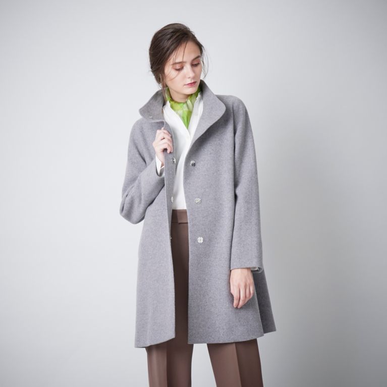 【SANYOCOAT WOMEN】 ウールジャージー スタンドカラーコート グレー