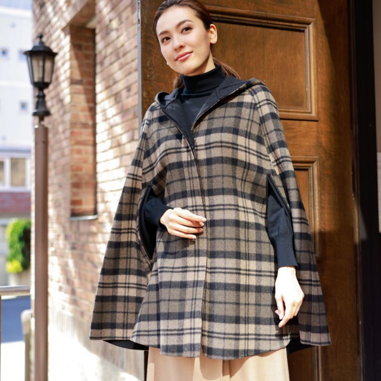 【Paul Stuart WOMEN】 リバーチェック ケープ【リバーシブル仕様】 ベージュ
