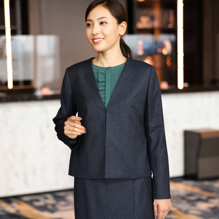 【Paul Stuart WOMEN】 アクティブライトフラノ ノーカラージャケット【ウォッシャブル】 ネイビー