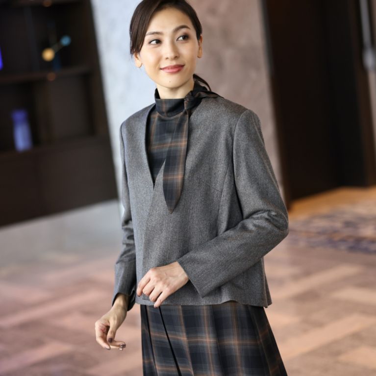 【Paul Stuart WOMEN】 アクティブライトフラノ ノーカラージャケット【ウォッシャブル】 ブラウン