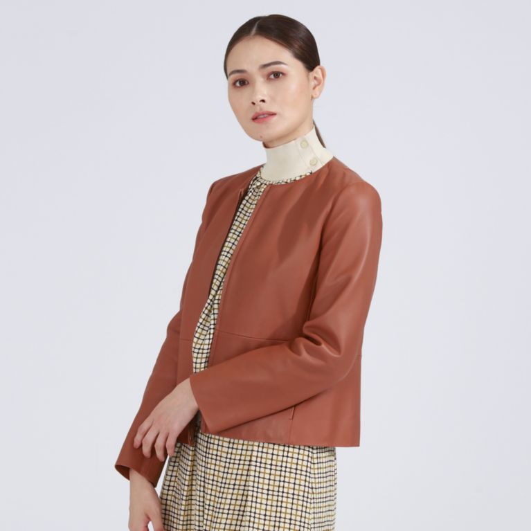 【Paul Stuart WOMEN】 シープレザー ノーカラージャケット キャメル