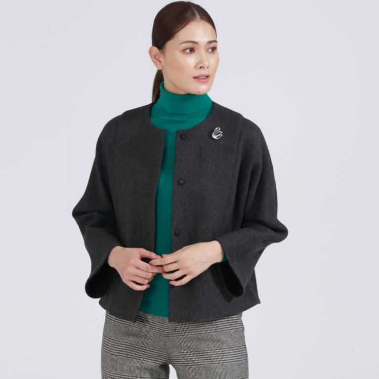 【Paul Stuart WOMEN】 スポンディッシュクロス ノーカラージャケット チャコールグレー
