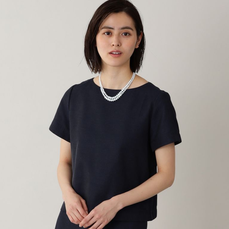 【Paul Stuart WOMEN】 シャンブレーコットンリネン 半袖ブラウス【ウォッシャブル】 ネイビー