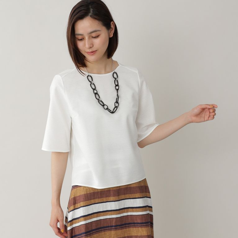 【Paul Stuart WOMEN】 リブボーダージャージ プルオーバー【ウォッシャブル】 ホワイト