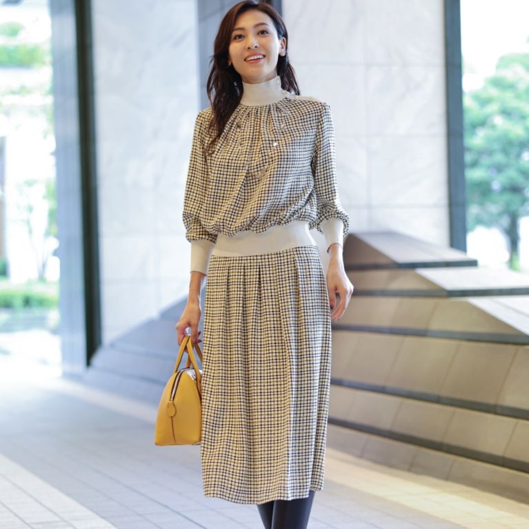 【Paul Stuart WOMEN】 ドローイングチェックプリント スカート【ウォッシャブル】 ホワイト