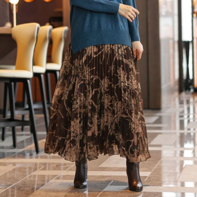 【Paul Stuart WOMEN】 ブルワードフラワープリント スカート【ウォッシャブル】 ブラウン