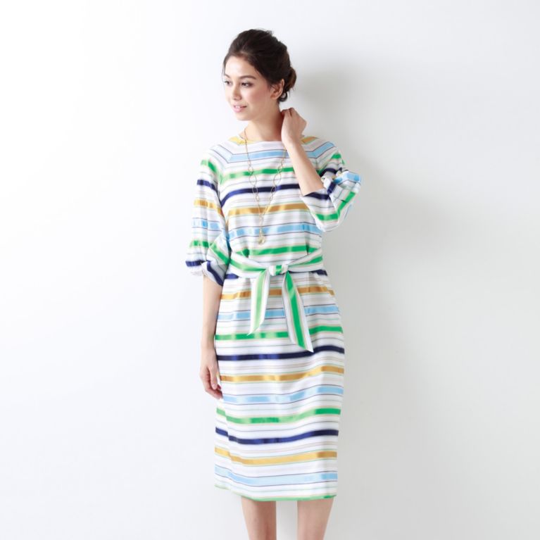 【TRANS WORK】 【ITALY FABRIC】【ウォッシャブル】コントラストボーダーワンピース オフホワイト