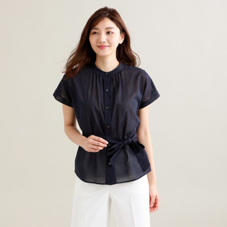 【TRANS WORK】 【抗菌消臭】【ウォッシャブル】コットンボイルブラウス ネイビー
