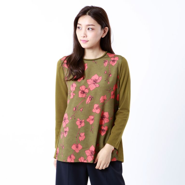 【TRANS WORK】 【ITALY FABRIC】【ウォッシャブル】リーフガーデンプリント×ニット カーキ