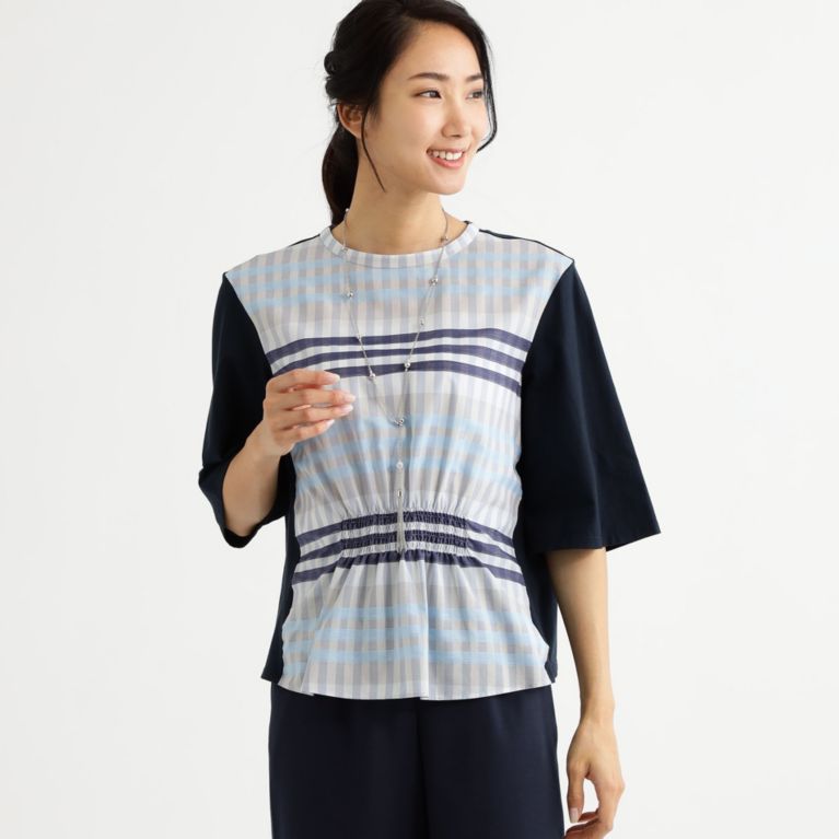 【TRANS WORK】 【ウォッシャブル】【接触冷感】レオファインチェックカットソー ブルー