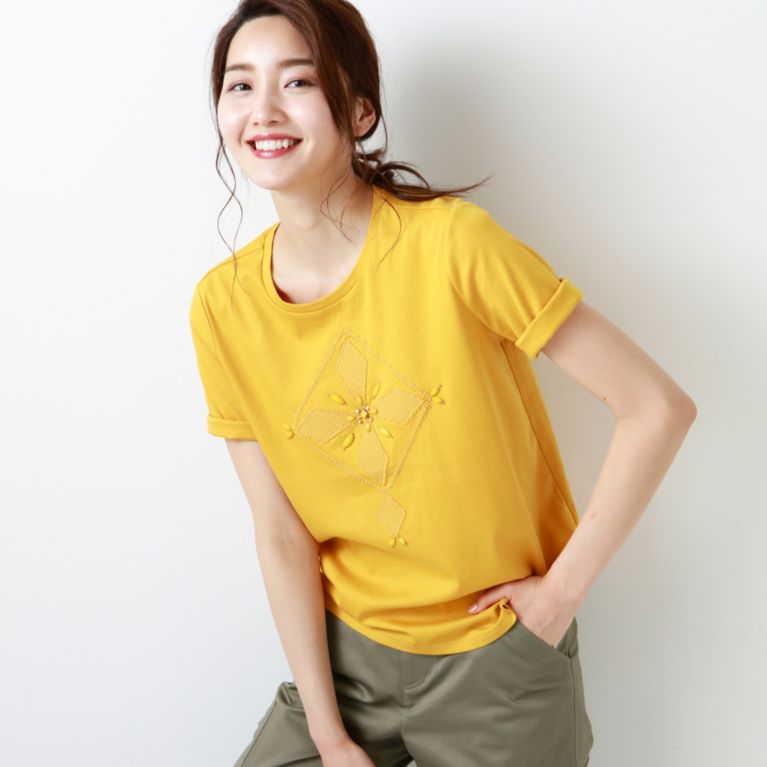 【TRANS WORK】 【ウォッシャブル】エンブロイダリースムースカットソー イエロー