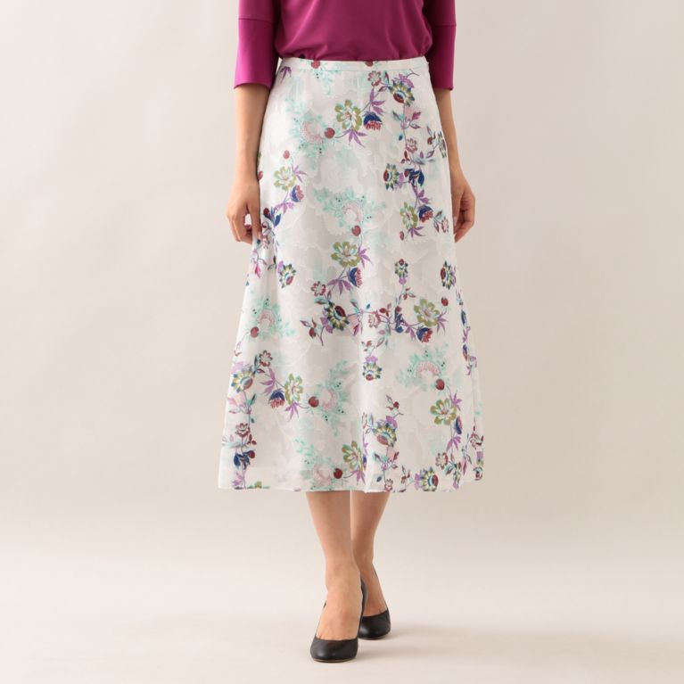 【TRANS WORK】 【ITALY FABRIC】【ウォッシャブル】フラワーカットジャカードスカート グレー