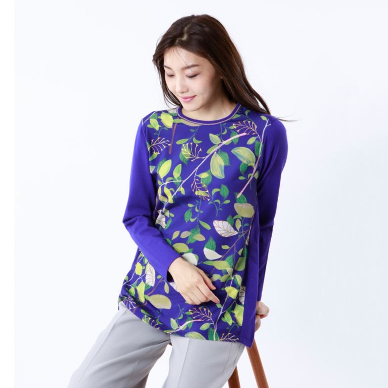 【TRANS WORK】 【L】【ITALY FABRIC】【ウォッシャブル】リーフガーデンプリント×ニット ブルー