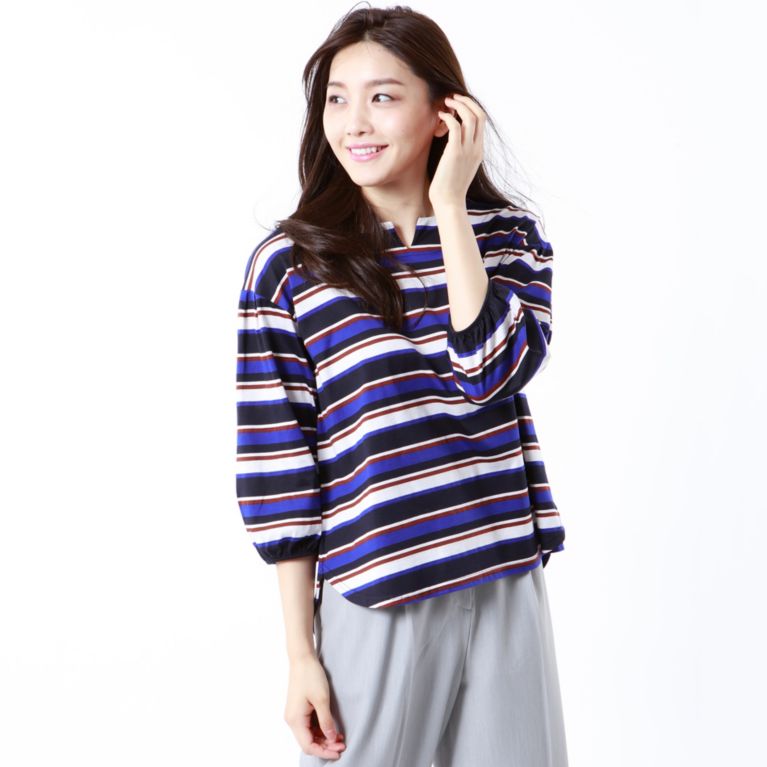 【TRANS WORK】 【L】【ウォッシャブル】リップルボーダーカットソー ネイビー