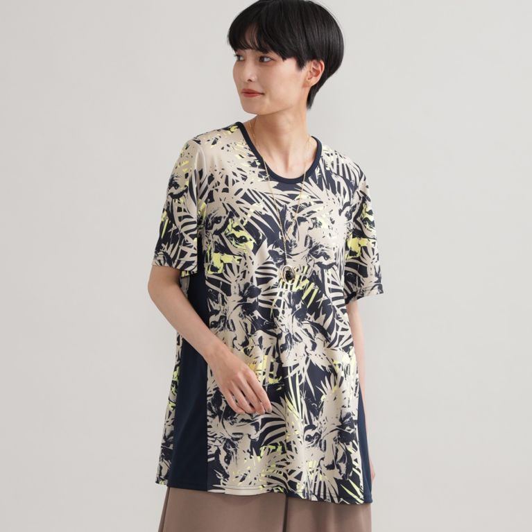 【EVEX by KRIZIA】 【ウォッシャブル】【接触冷感】クールボタニカルチュニックカットソー ネイビー