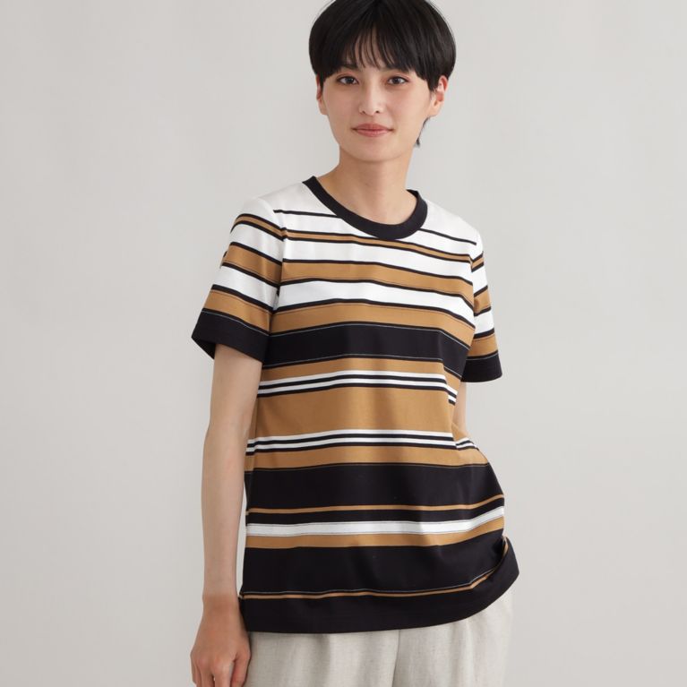 【EVEX by KRIZIA】 【ウォッシャブル】マルチボーダージャカードカットソー キャメル