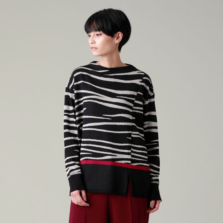 【EVEX by KRIZIA】 【ウォッシャブル】ゼブラブロックセーターマシーンボトルネック ブラック