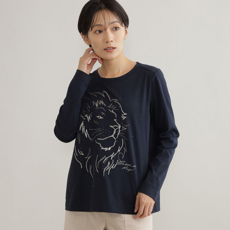 【EVEX by KRIZIA】 【ウォッシャブル】ライオンモチーフTシャツ ネイビー