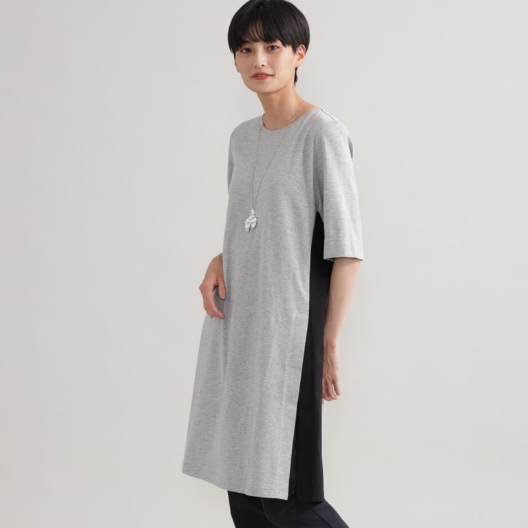 【EVEX by KRIZIA】 【L】【ウォッシャブル】バイカラースリットロングTシャツ グレー