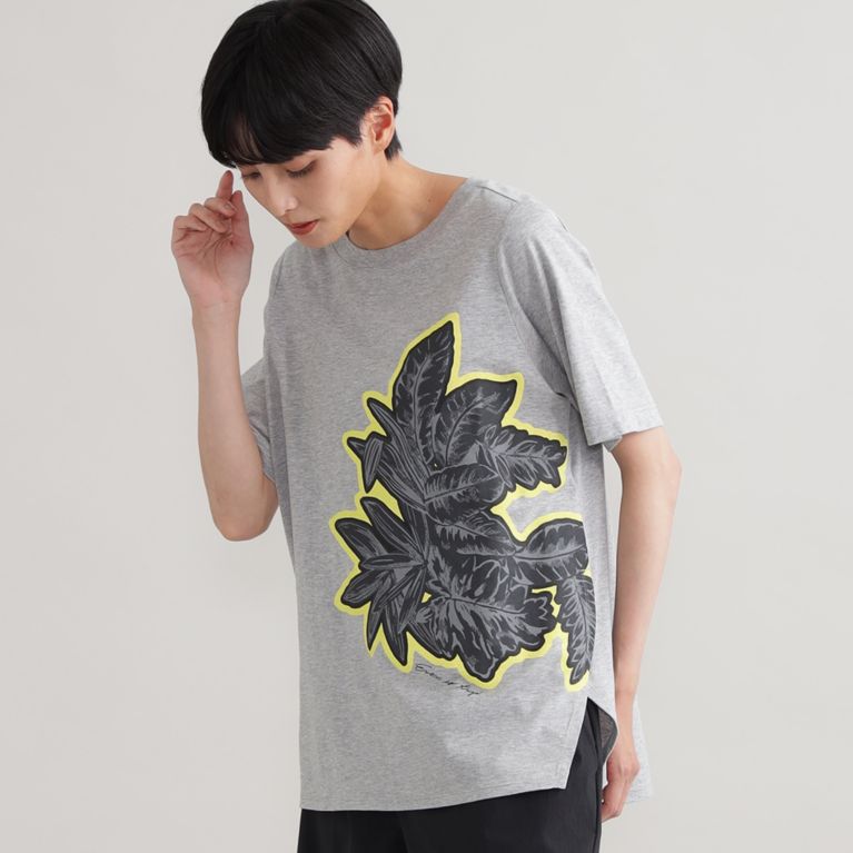 【EVEX by KRIZIA】 【L】【ウォッシャブル】ビッグボタニカルモチーフプリントTシャツ グレー